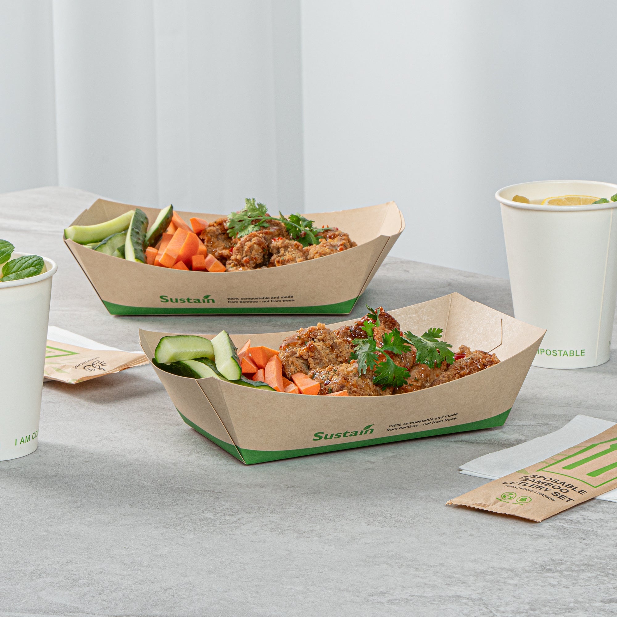 Sustain 2 lb Bamboo Paper #200 Food Tray / Boat - with PLA Lining, Compostable - 6 1/2" x 3 3/4" x 2 1/4" - 200 count box