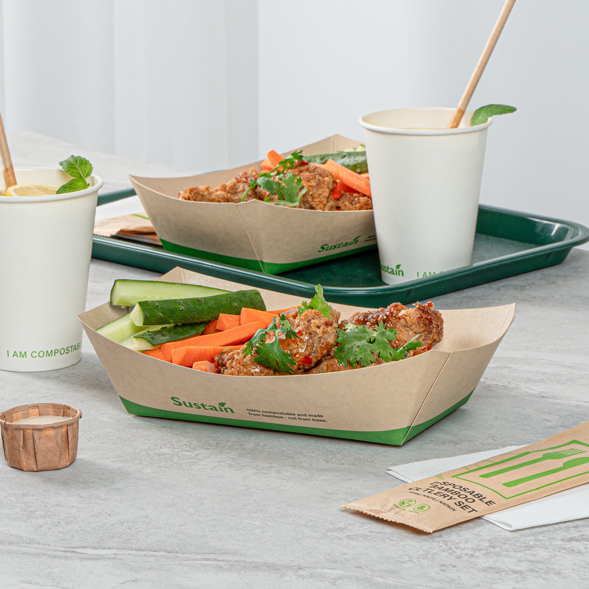 Sustain 2 lb Bamboo Paper #200 Food Tray / Boat - with PLA Lining, Compostable - 6 1/2" x 3 3/4" x 2 1/4" - 200 count box