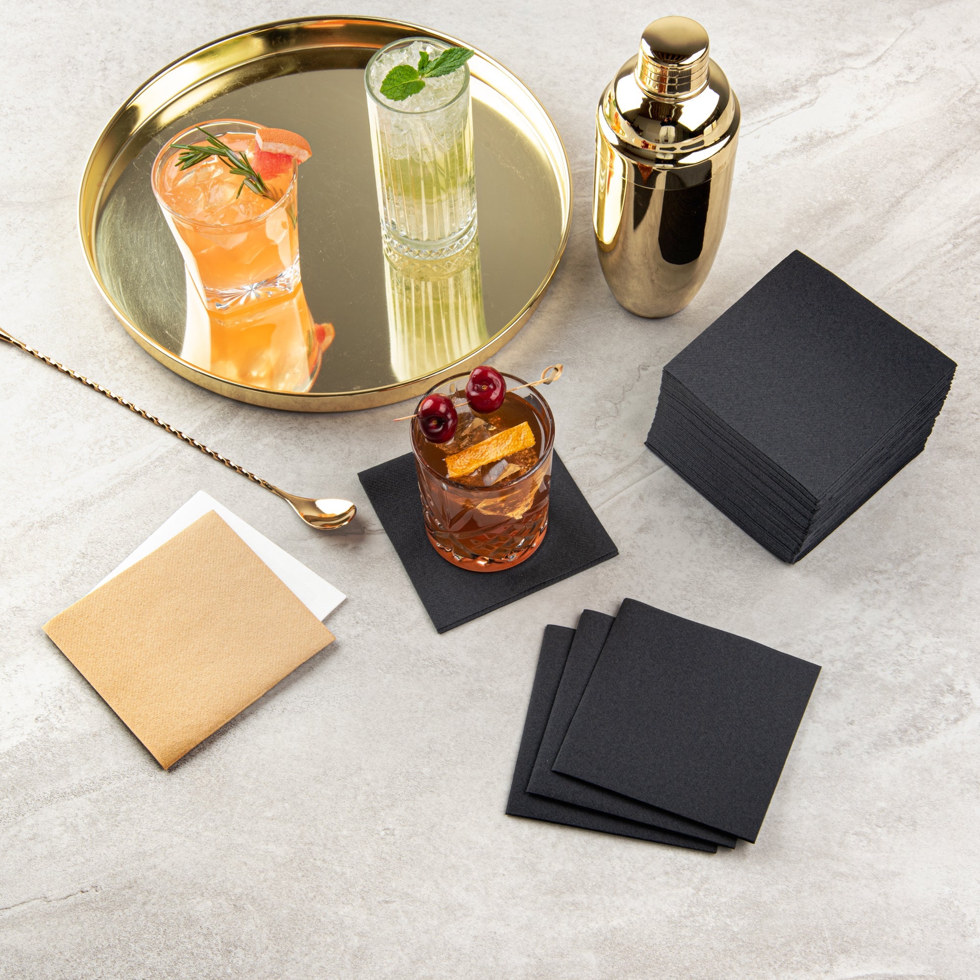 Luxenap Square Black Paper Linen-Feel Cocktail Napkin - Air Laid - 9 1/2" x 9 1/2" - 50 count box