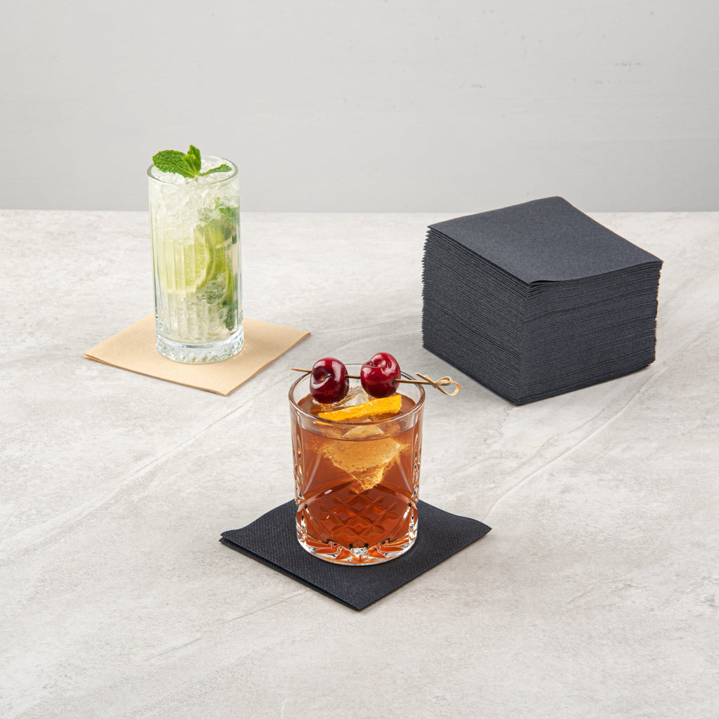 Luxenap Square Black Paper Linen-Feel Cocktail Napkin - Air Laid - 9 1/2" x 9 1/2" - 1600 count box