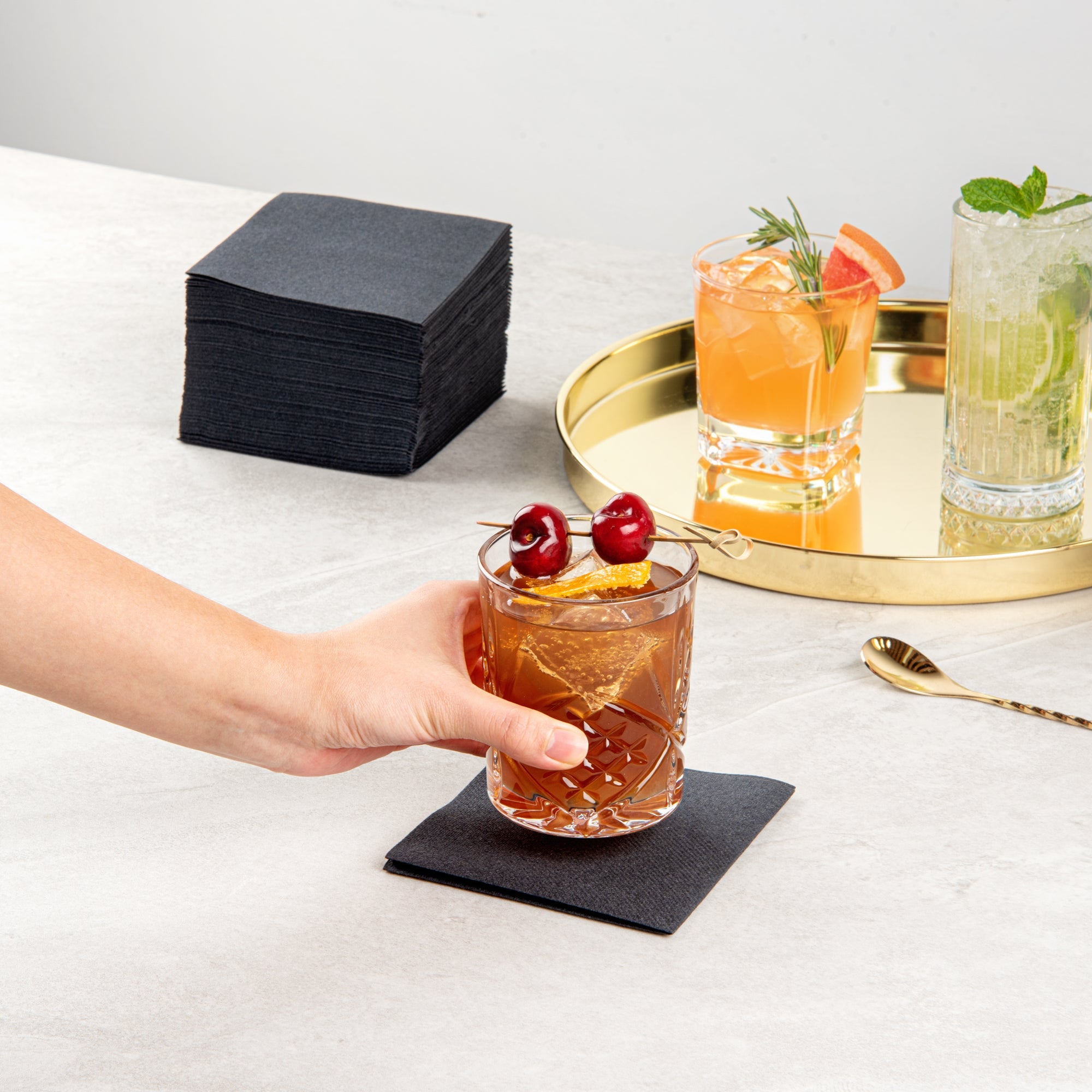 Luxenap Square Black Paper Linen-Feel Cocktail Napkin - Air Laid - 9 1/2" x 9 1/2" - 1600 count box