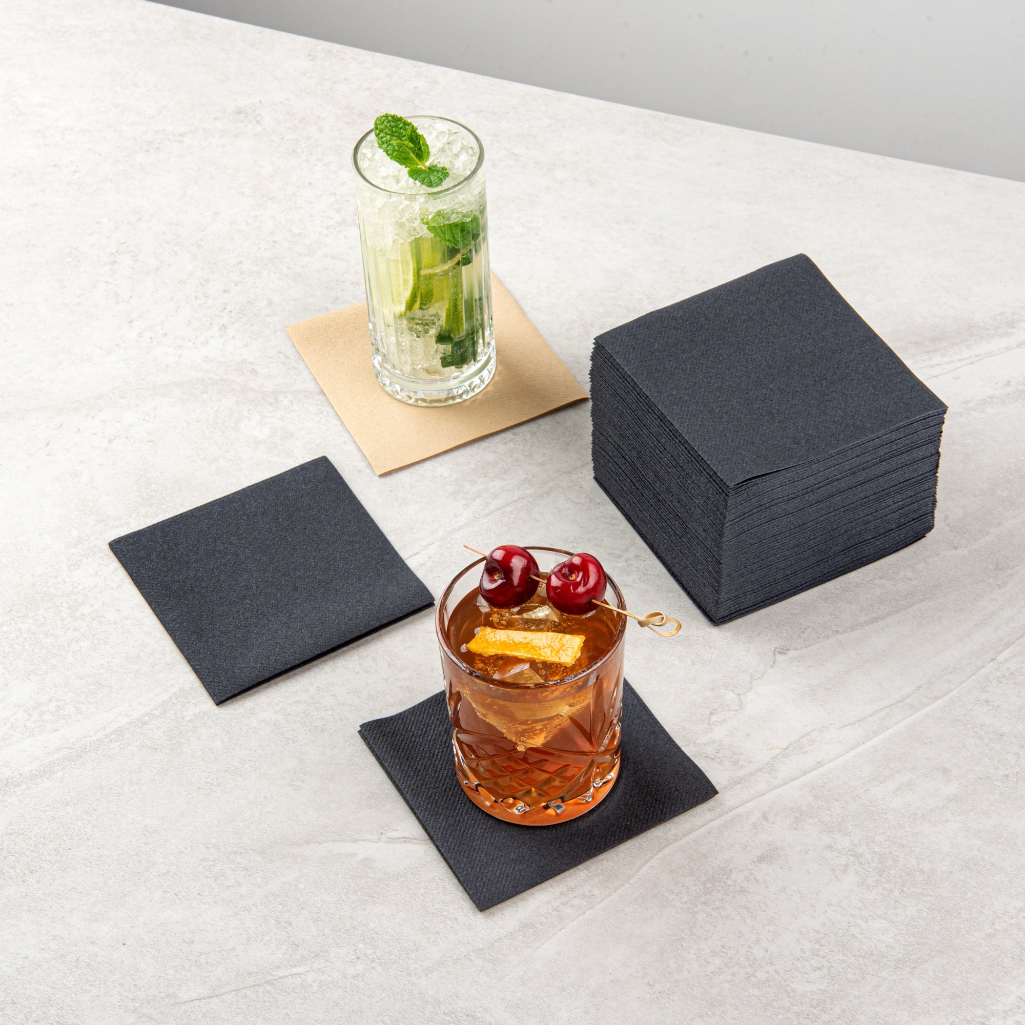 Luxenap Square Black Paper Linen-Feel Cocktail Napkin - Air Laid - 9 1/2" x 9 1/2" - 1600 count box