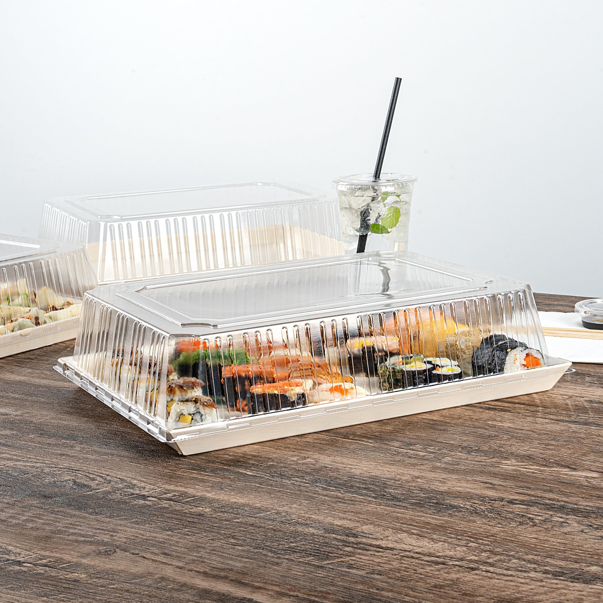 Taipei Rectangle Clear Plastic Lid - Fits 15 1/4" x 10 3/4" Poplar Plate - 100 count box