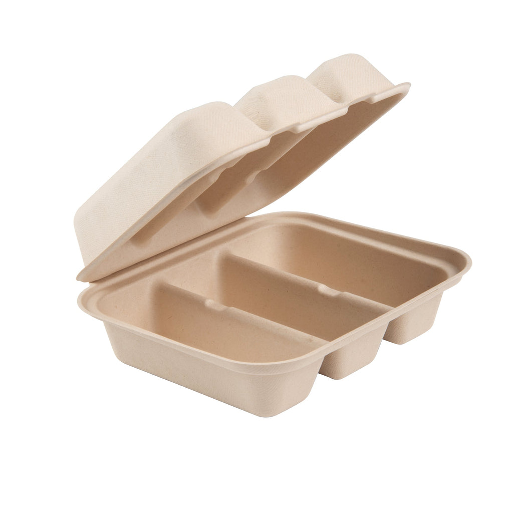 Pulp Safe No PFAS Added Kraft Sugarcane / Bagasse Taco Clamshell Container - Home Compostable, 3-Compartment - 8" x 7 1/4" - 50 count box