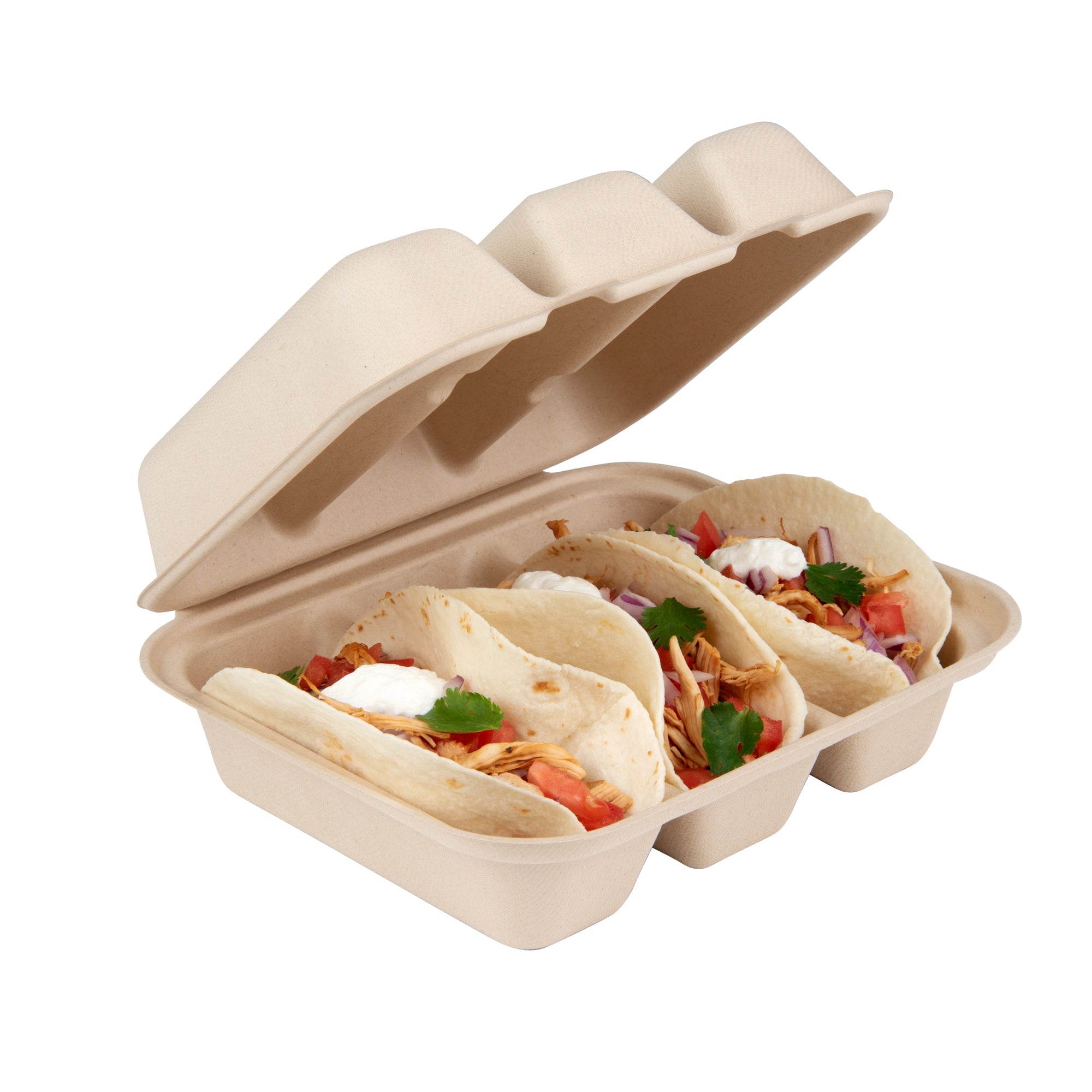 Pulp Safe No PFAS Added Kraft Sugarcane / Bagasse Taco Clamshell Container - Home Compostable, 3-Compartment - 8" x 7 1/4" - 50 count box