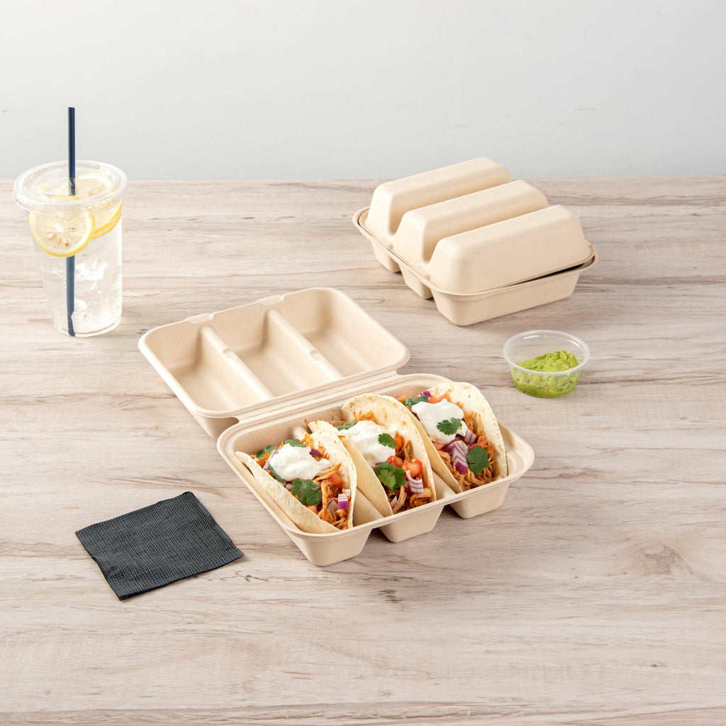 Pulp Safe No PFAS Added Kraft Sugarcane / Bagasse Taco Clamshell Container - Home Compostable, 3-Compartment - 8" x 7 1/4" - 50 count box