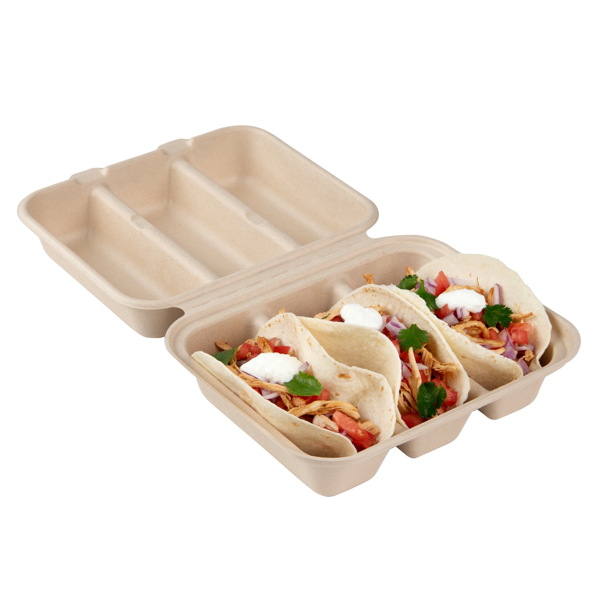 Pulp Safe No PFAS Added Kraft Sugarcane / Bagasse Taco Clamshell Container - Home Compostable, 3-Compartment - 8" x 7 1/4" - 50 count box