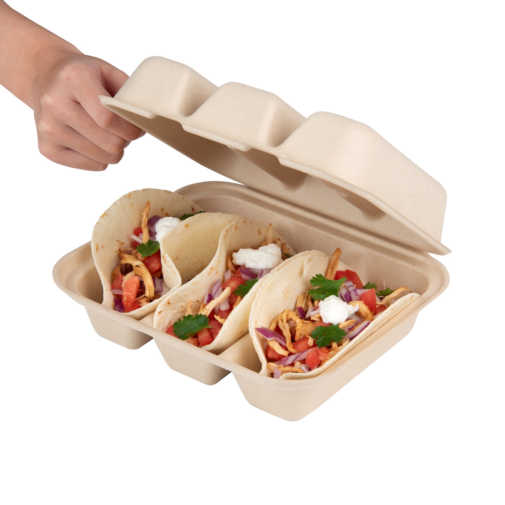 Pulp Safe No PFAS Added Kraft Sugarcane / Bagasse Taco Clamshell Container - Home Compostable, 3-Compartment - 8" x 7 1/4" - 50 count box