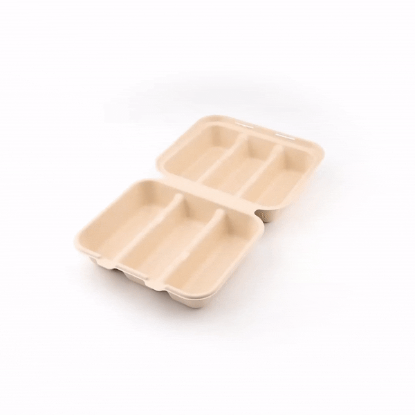 Pulp Safe No PFAS Added Kraft Sugarcane / Bagasse Taco Clamshell Container - Home Compostable, 3-Compartment - 8" x 7 1/4" - 50 count box