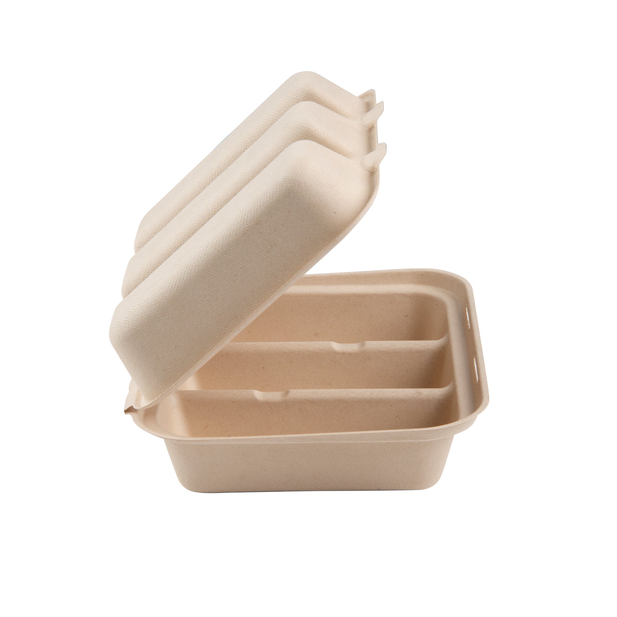 Pulp Safe No PFAS Added Kraft Sugarcane / Bagasse Taco Clamshell Container - Home Compostable, 3-Compartment - 8" x 7 1/4" - 50 count box