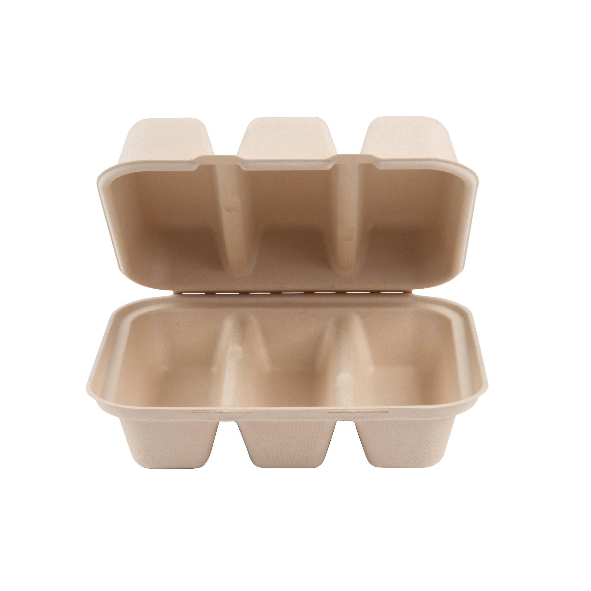 Pulp Safe No PFAS Added Kraft Sugarcane / Bagasse Taco Clamshell Container - Home Compostable, 3-Compartment - 8" x 7 1/4" - 50 count box