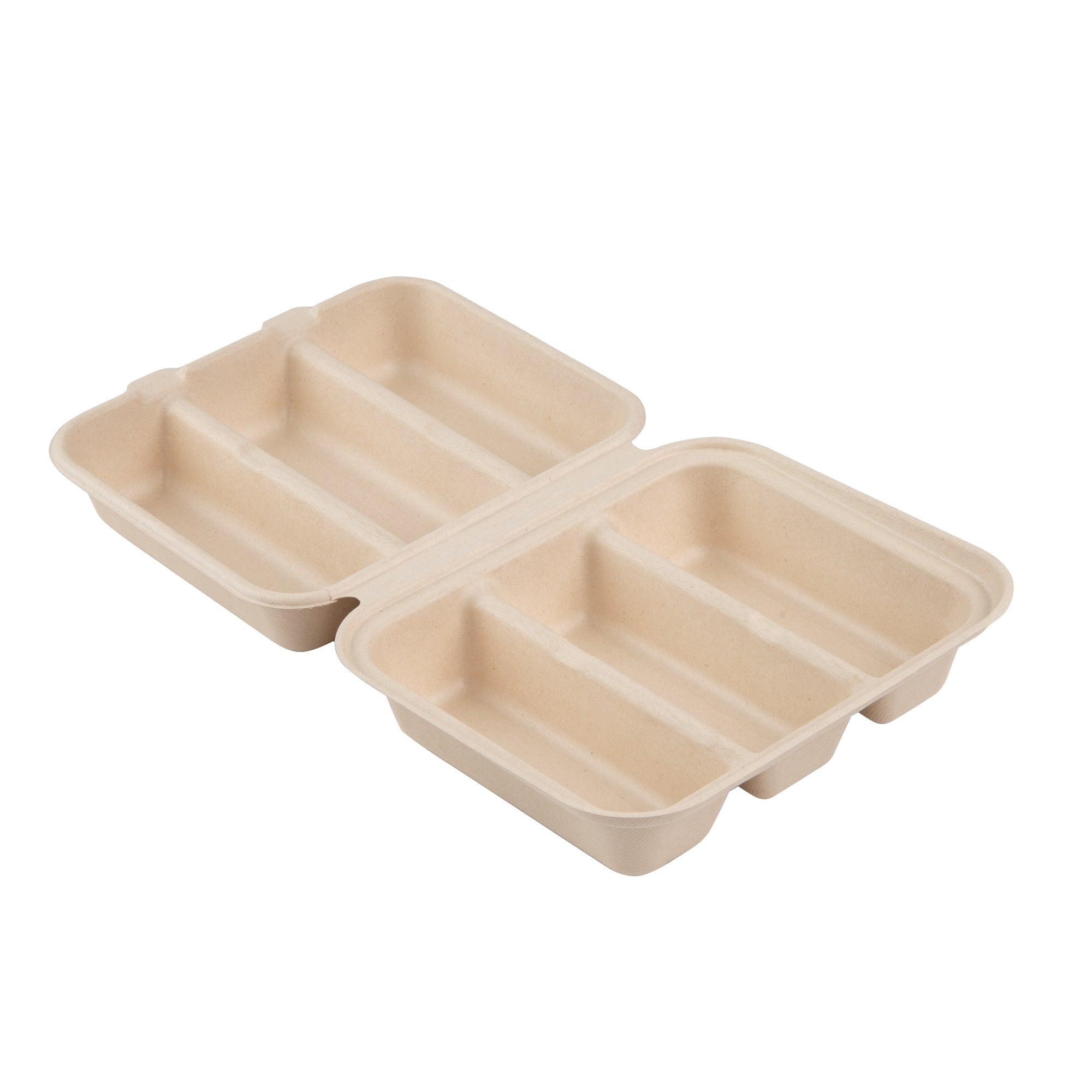 Pulp Safe No PFAS Added Kraft Sugarcane / Bagasse Taco Clamshell Container - Home Compostable, 3-Compartment - 8" x 7 1/4" - 50 count box