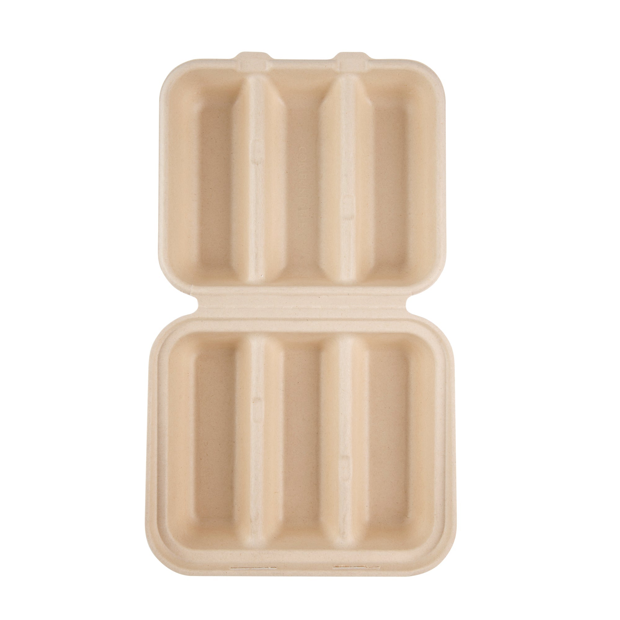 Pulp Safe No PFAS Added Kraft Sugarcane / Bagasse Taco Clamshell Container - Home Compostable, 3-Compartment - 8" x 7 1/4" - 50 count box