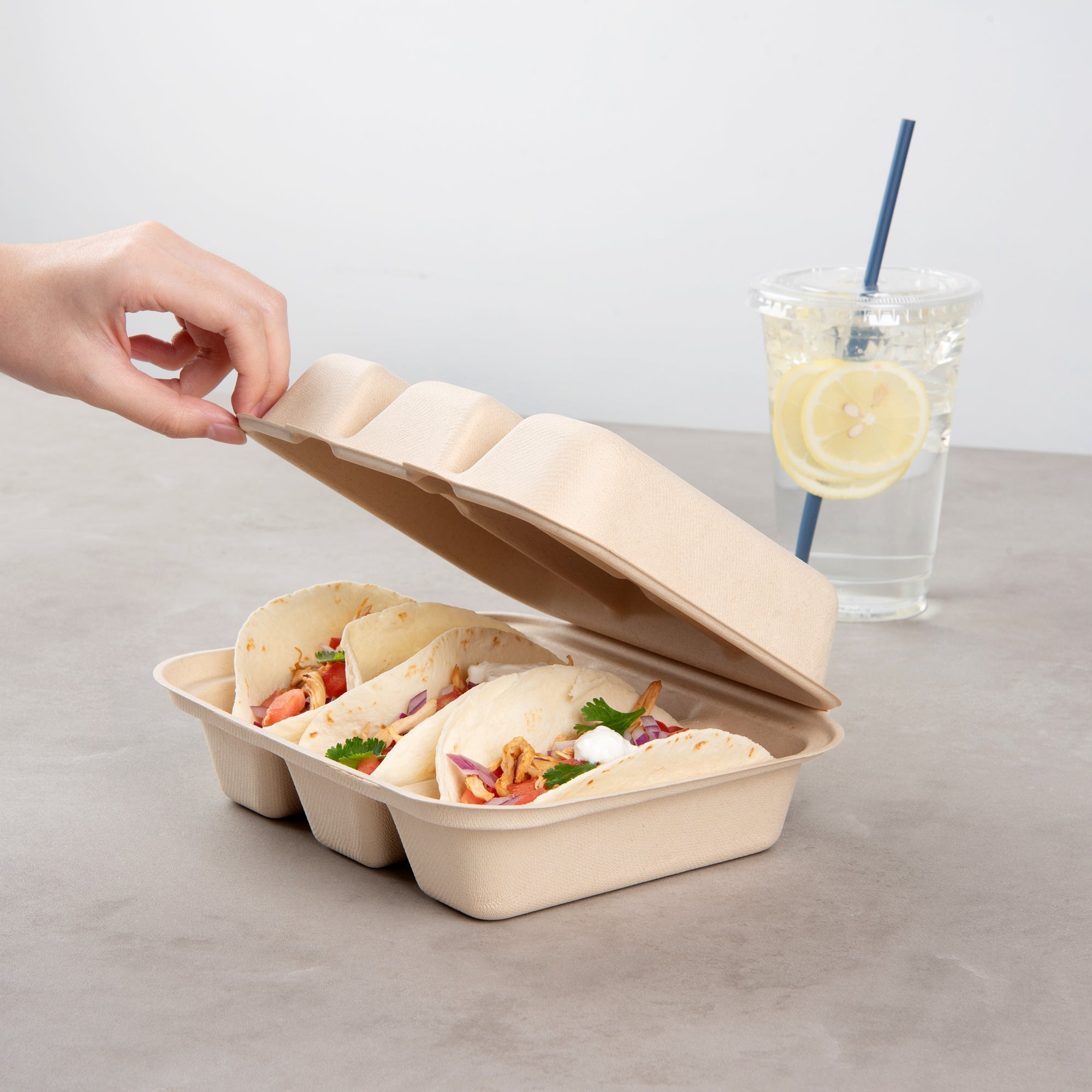 Pulp Safe No PFAS Added Kraft Sugarcane / Bagasse Taco Clamshell Container - Home Compostable, 3-Compartment - 8" x 7 1/4" - 50 count box