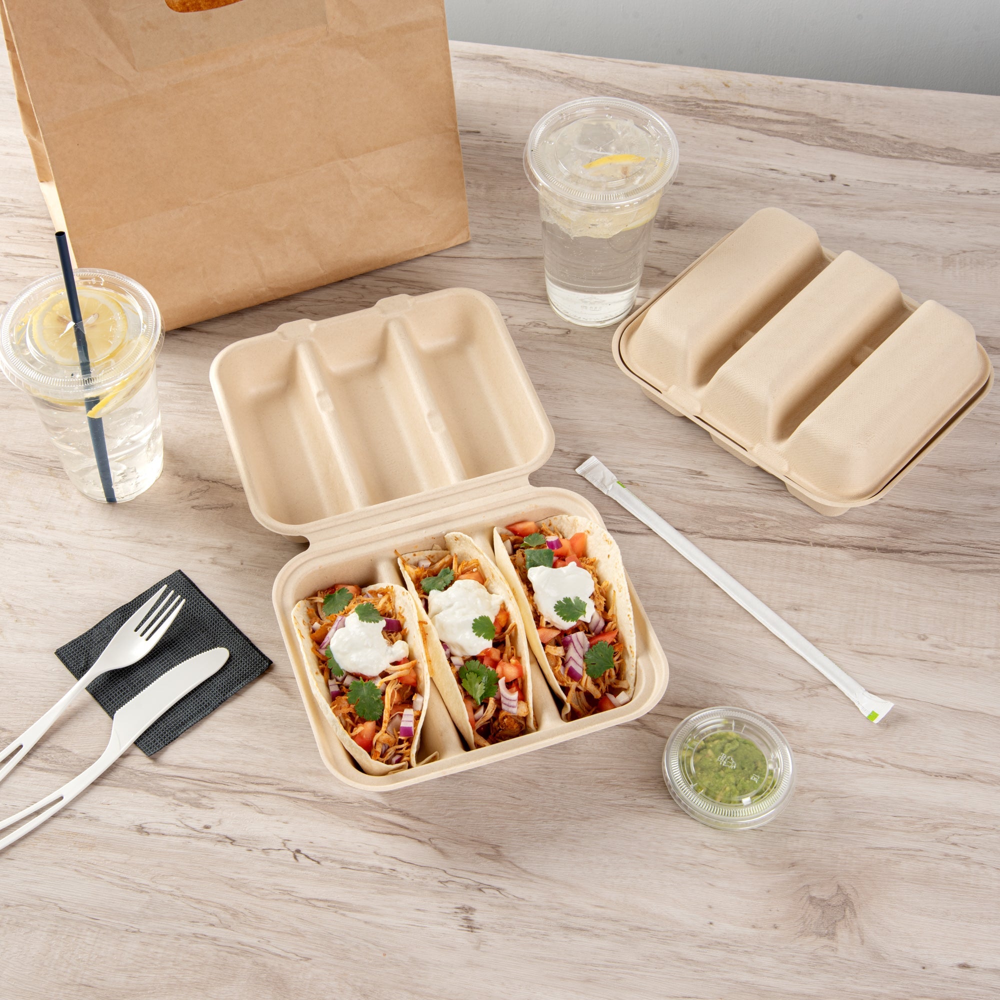 Pulp Safe No PFAS Added Kraft Sugarcane / Bagasse Taco Clamshell Container - Home Compostable, 3-Compartment - 8" x 7 1/4" - 50 count box