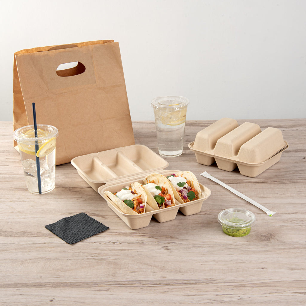 Pulp Safe No PFAS Added Kraft Sugarcane / Bagasse Taco Clamshell Container - Home Compostable, 3-Compartment - 8" x 7 1/4" - 50 count box