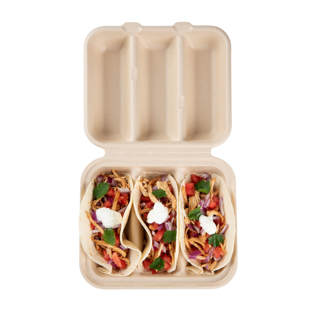 Pulp Safe No PFAS Added Kraft Sugarcane / Bagasse Taco Clamshell Container - Home Compostable, 3-Compartment - 8" x 7 1/4" - 100 count box