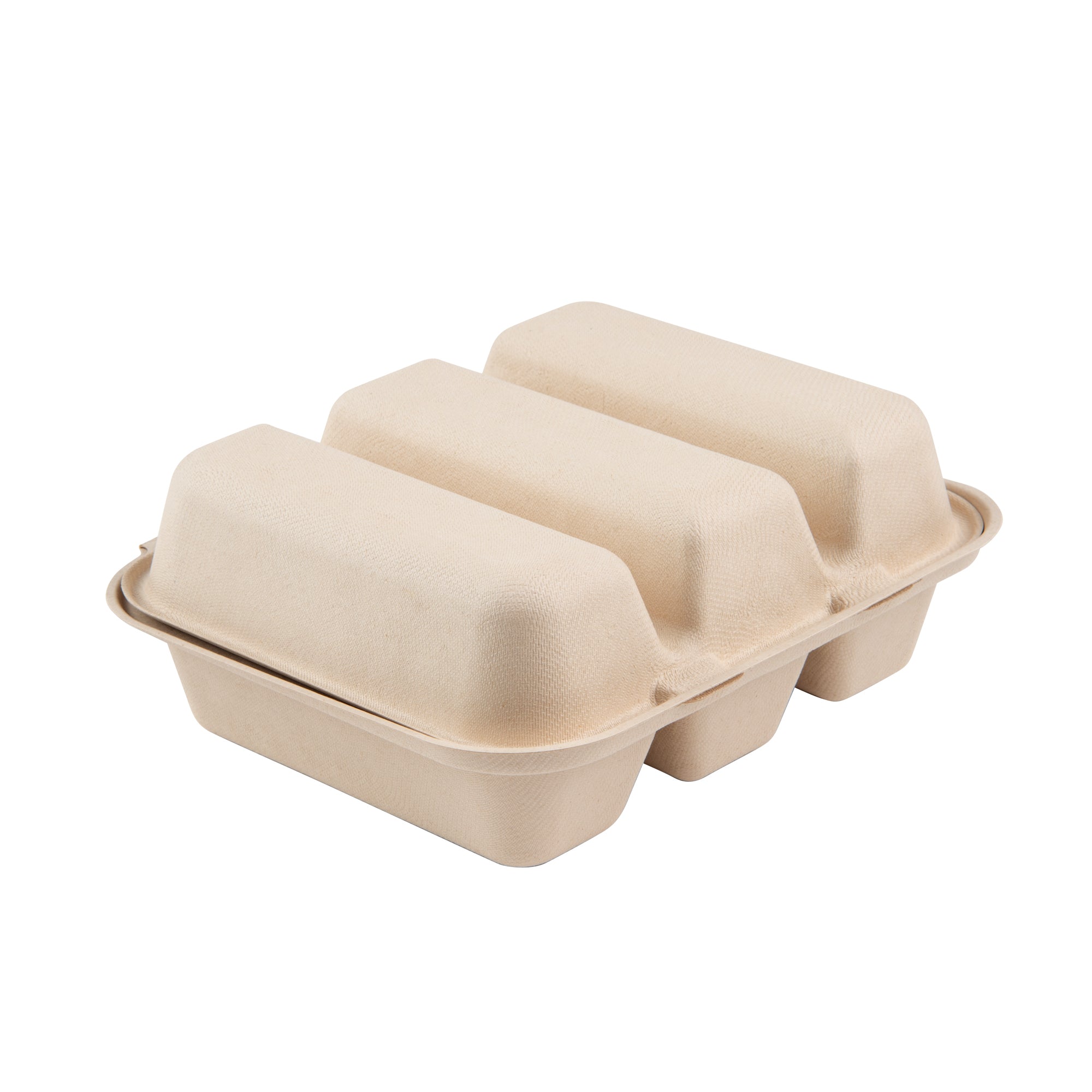 Pulp Safe No PFAS Added Kraft Sugarcane / Bagasse Taco Clamshell Container - Home Compostable, 3-Compartment - 8" x 7 1/4" - 100 count box