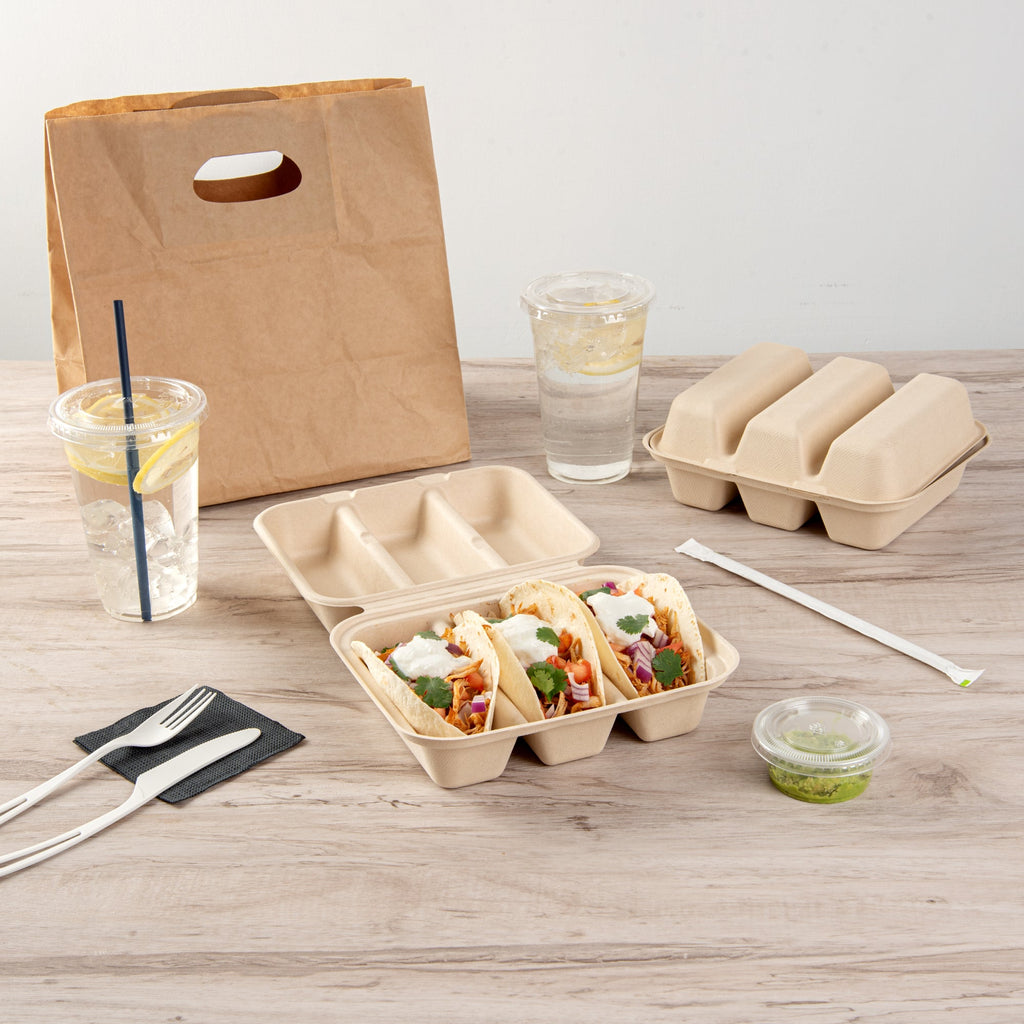 Pulp Safe No PFAS Added Kraft Sugarcane / Bagasse Taco Clamshell Container - Home Compostable, 3-Compartment - 8" x 7 1/4" - 100 count box