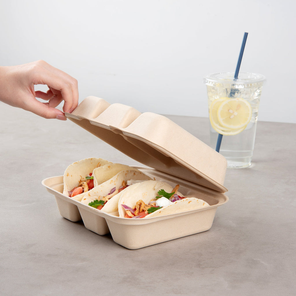 Pulp Safe No PFAS Added Kraft Sugarcane / Bagasse Taco Clamshell Container - Home Compostable, 3-Compartment - 8" x 7 1/4" - 100 count box