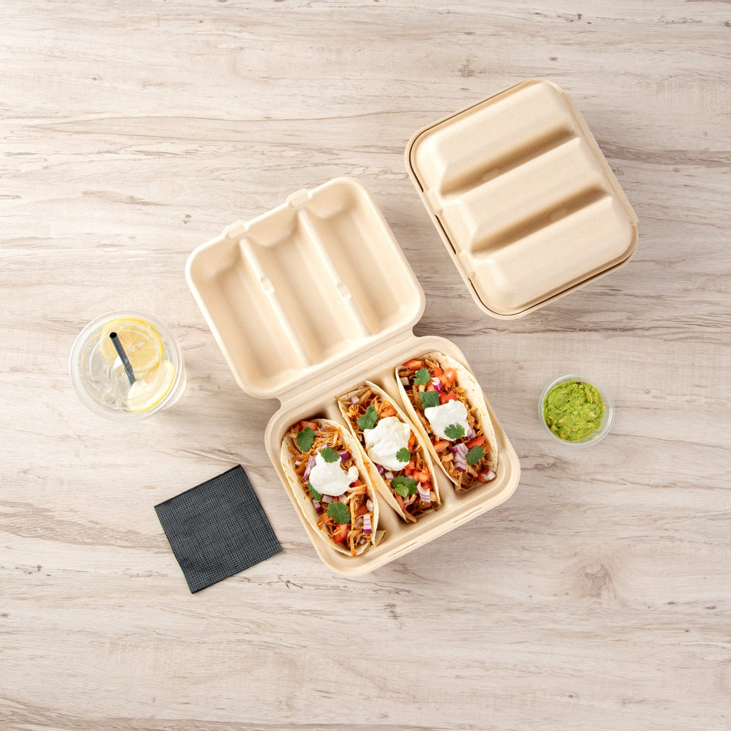 Pulp Safe No PFAS Added Kraft Sugarcane / Bagasse Taco Clamshell Container - Home Compostable, 3-Compartment - 8" x 7 1/4" - 100 count box
