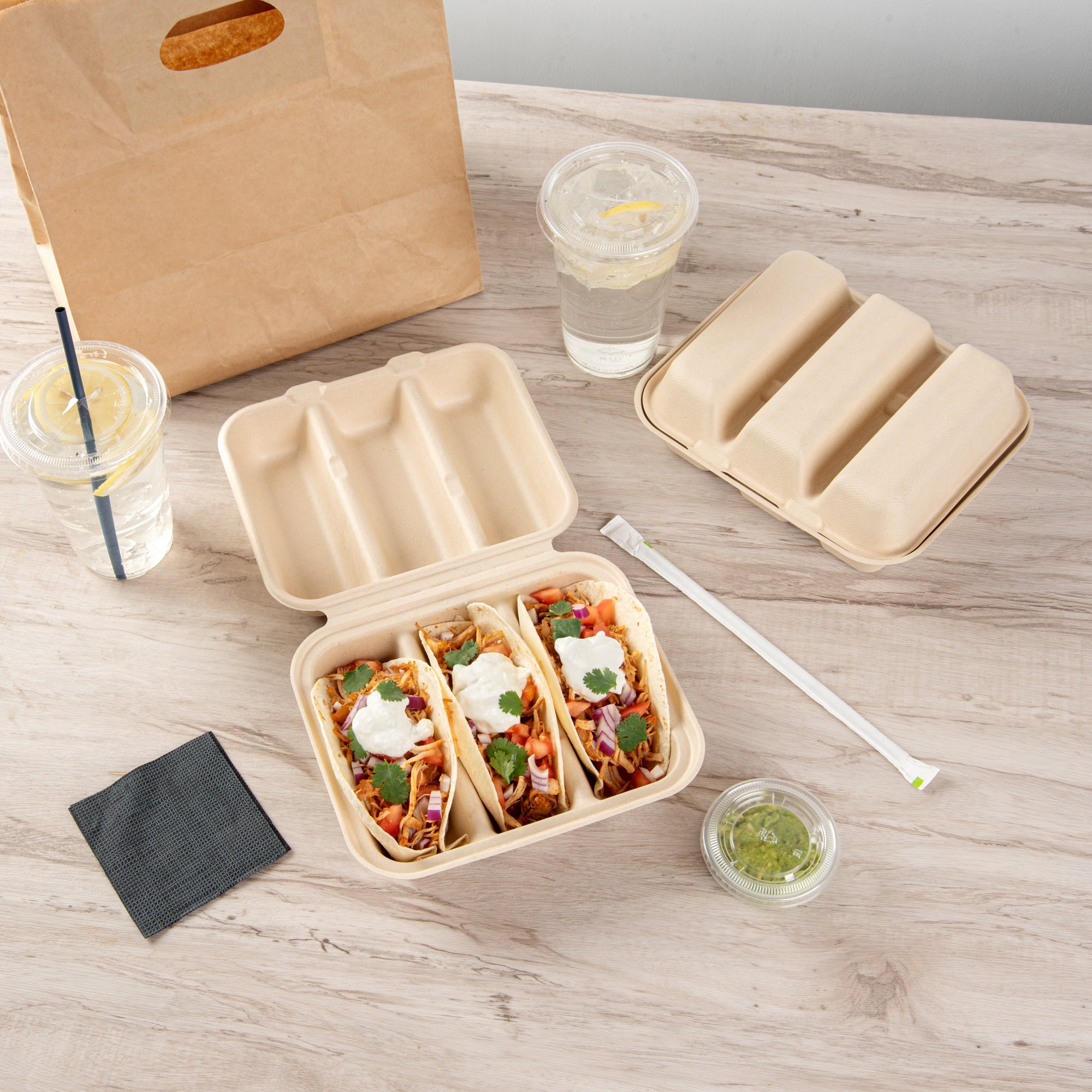 Pulp Safe No PFAS Added Kraft Sugarcane / Bagasse Taco Clamshell Container - Home Compostable, 3-Compartment - 8" x 7 1/4" - 100 count box