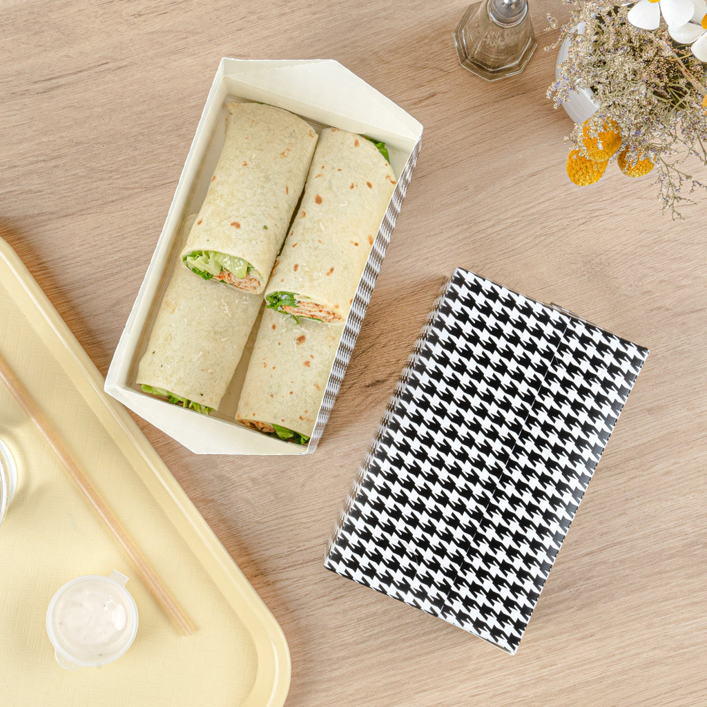 Bio Tek 47 oz Black Houndstooth Paper Lunch / Chicken Box - with Fast Top - 7" x 4 1/2" x 2 3/4" - 100 count box