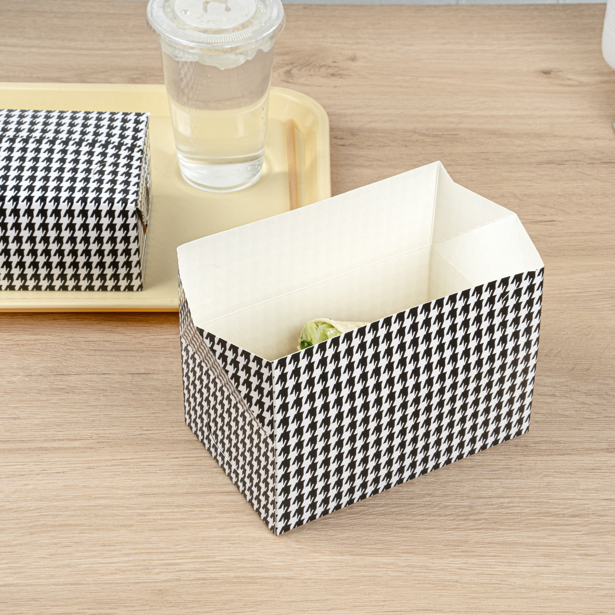 Bio Tek 47 oz Black Houndstooth Paper Lunch / Chicken Box - with Fast Top - 7" x 4 1/2" x 2 3/4" - 400 count box
