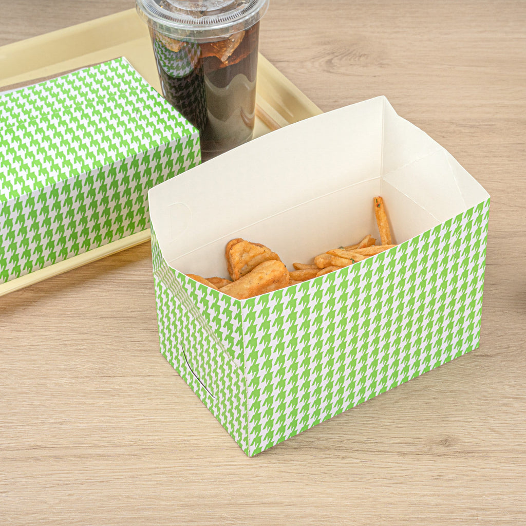 Bio Tek 47 oz Green Houndstooth Paper Lunch / Chicken Box - with Fast Top - 7" x 4 1/2" x 2 3/4" - 100 count box