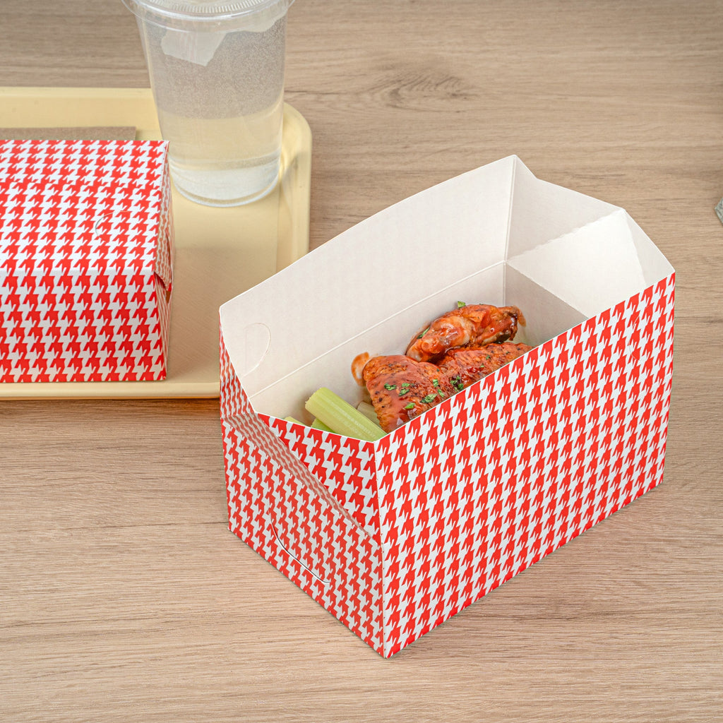 Bio Tek 47 oz Red Houndstooth Paper Lunch / Chicken Box - with Fast Top - 7" x 4 1/2" x 2 3/4" - 100 count box