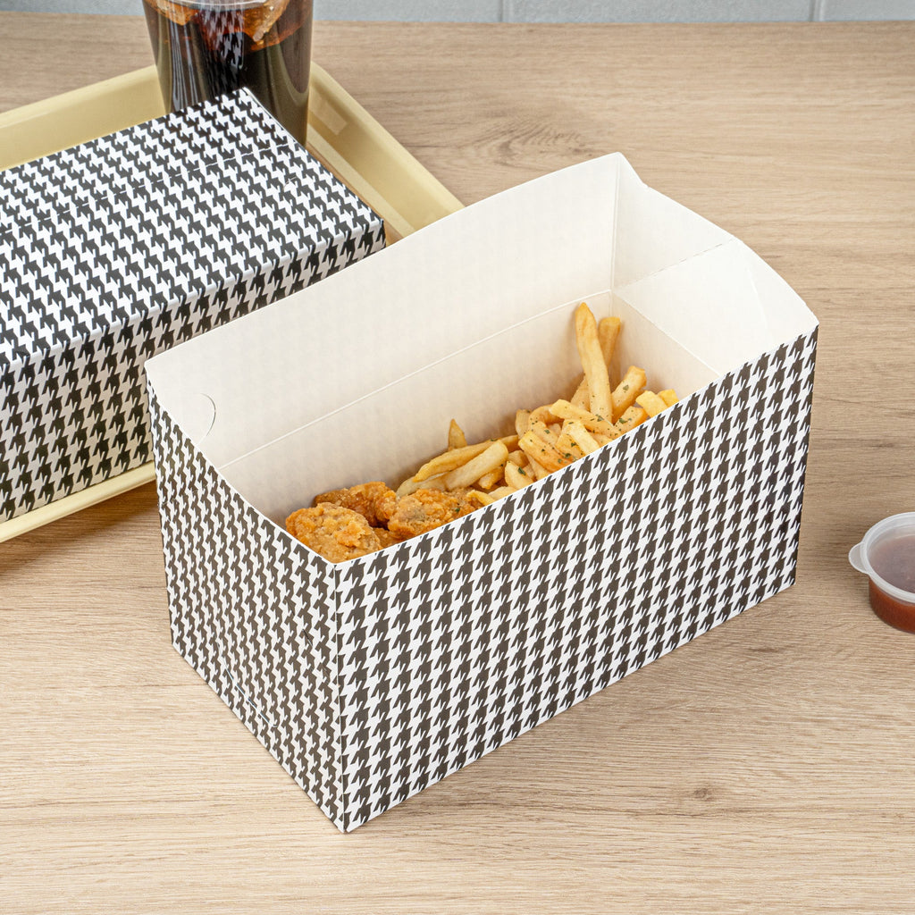Bio Tek 71 oz Black Houndstooth Paper Lunch / Chicken Box - with Fast Top - 8 3/4" x 5" x 3" - 100 count box