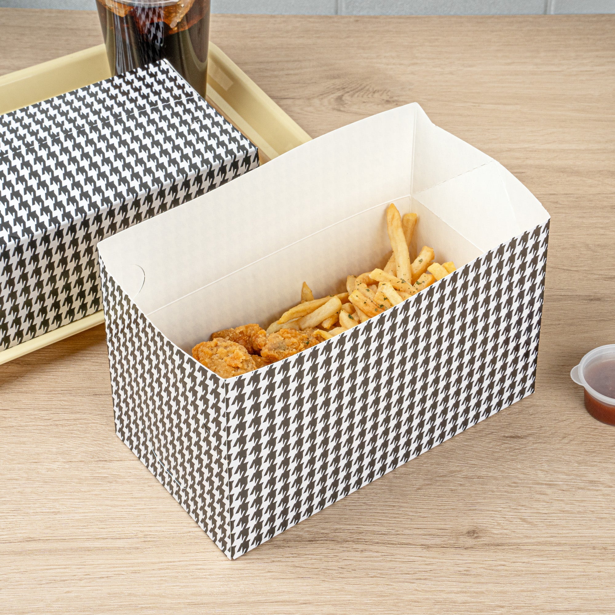 Bio Tek 71 oz Black Houndstooth Paper Lunch / Chicken Box - with Fast Top - 8 3/4" x 5" x 3" - 100 count box