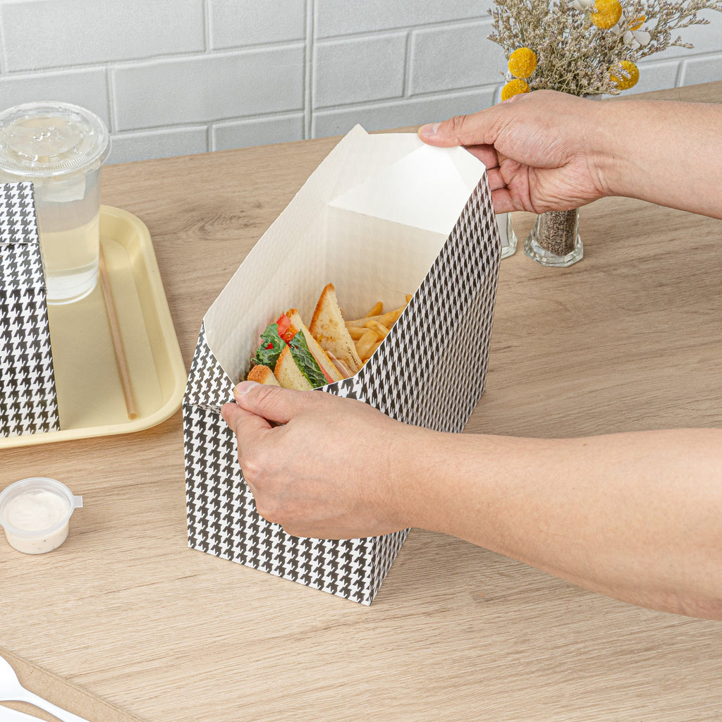 Bio Tek 80 oz Black Houndstooth Paper Lunch / Chicken Box - with Fast Top - 9" x 5" x 5" - 100 count box