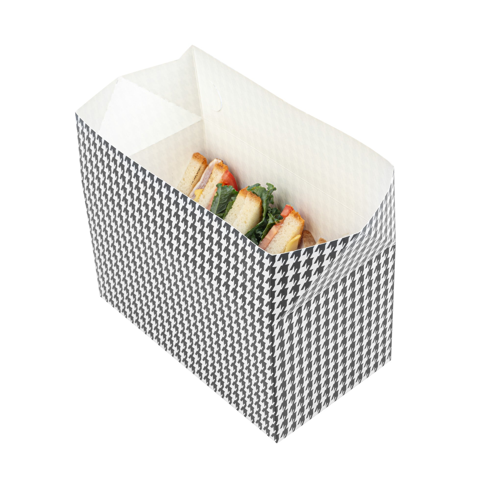Bio Tek 80 oz Black Houndstooth Paper Lunch / Chicken Box - with Fast Top - 9" x 5" x 5" - 400 count box