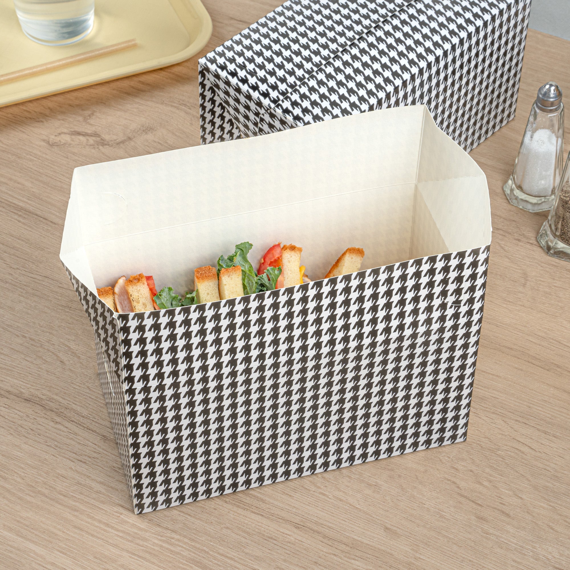 Bio Tek 80 oz Black Houndstooth Paper Lunch / Chicken Box - with Fast Top - 9" x 5" x 5" - 400 count box