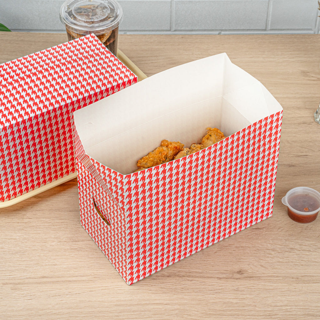 Bio Tek 80 oz Red Houndstooth Paper Lunch / Chicken Box - with Fast Top - 9" x 5" x 5" - 100 count box
