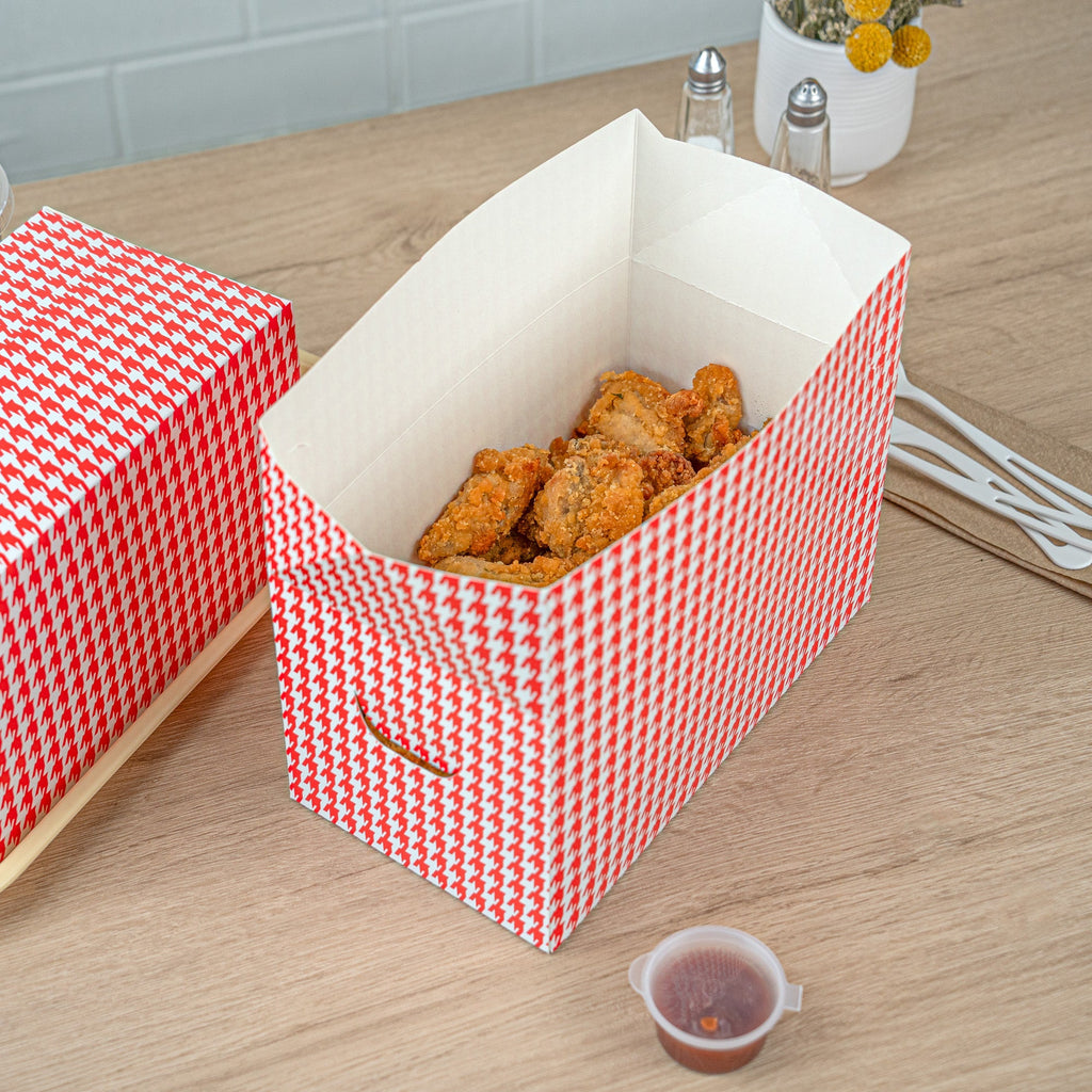 Bio Tek 80 oz Red Houndstooth Paper Lunch / Chicken Box - with Fast Top - 9" x 5" x 5" - 400 count box