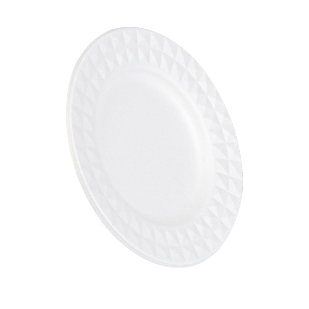 Pulp Safe No PFAS Added Round White Sugarcane / Bagasse Plate - Home Compostable, with Diamond Rim - 7" x 7" x 1/2" - 25 count box