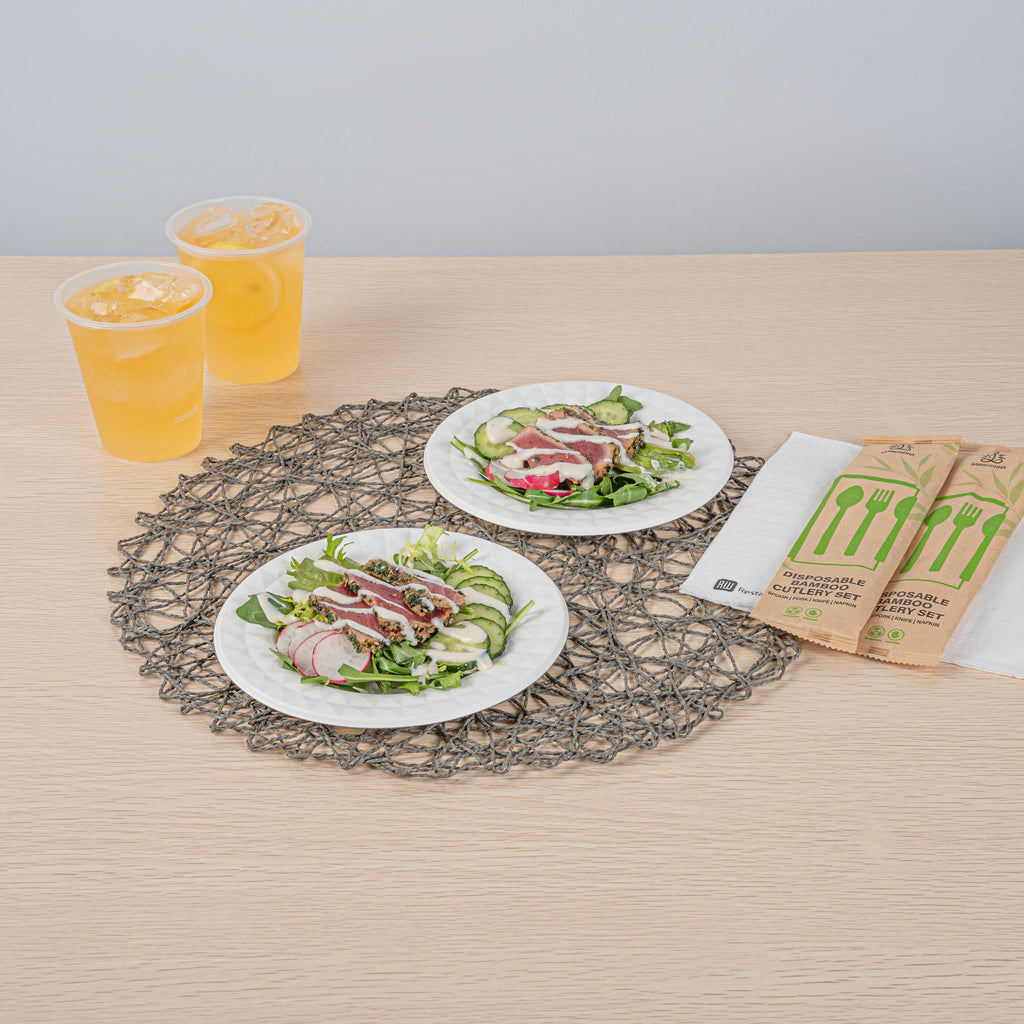 Pulp Safe No PFAS Added Round White Sugarcane / Bagasse Plate - Home Compostable, with Diamond Rim - 7" x 7" x 1/2" - 25 count box