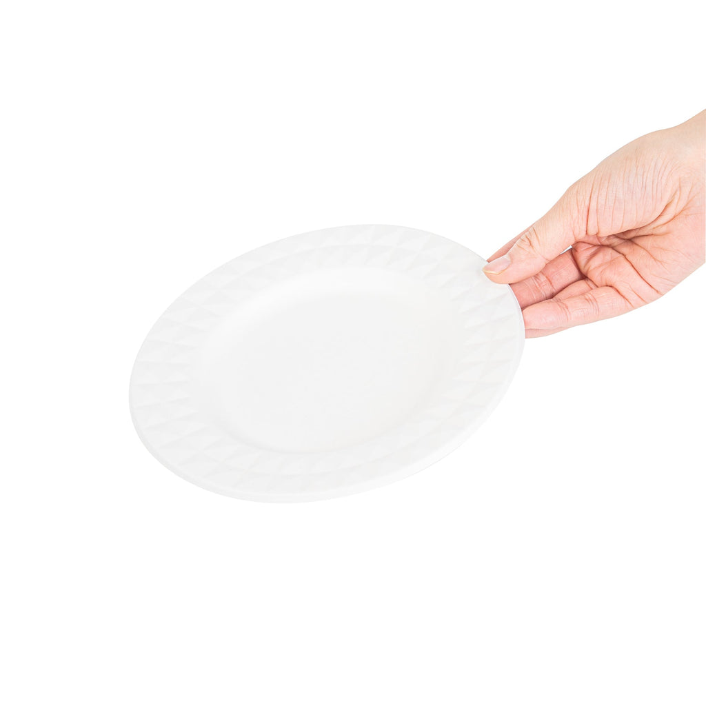 Pulp Safe No PFAS Added Round White Sugarcane / Bagasse Plate - Home Compostable, with Diamond Rim - 7" x 7" x 1/2" - 100 count box