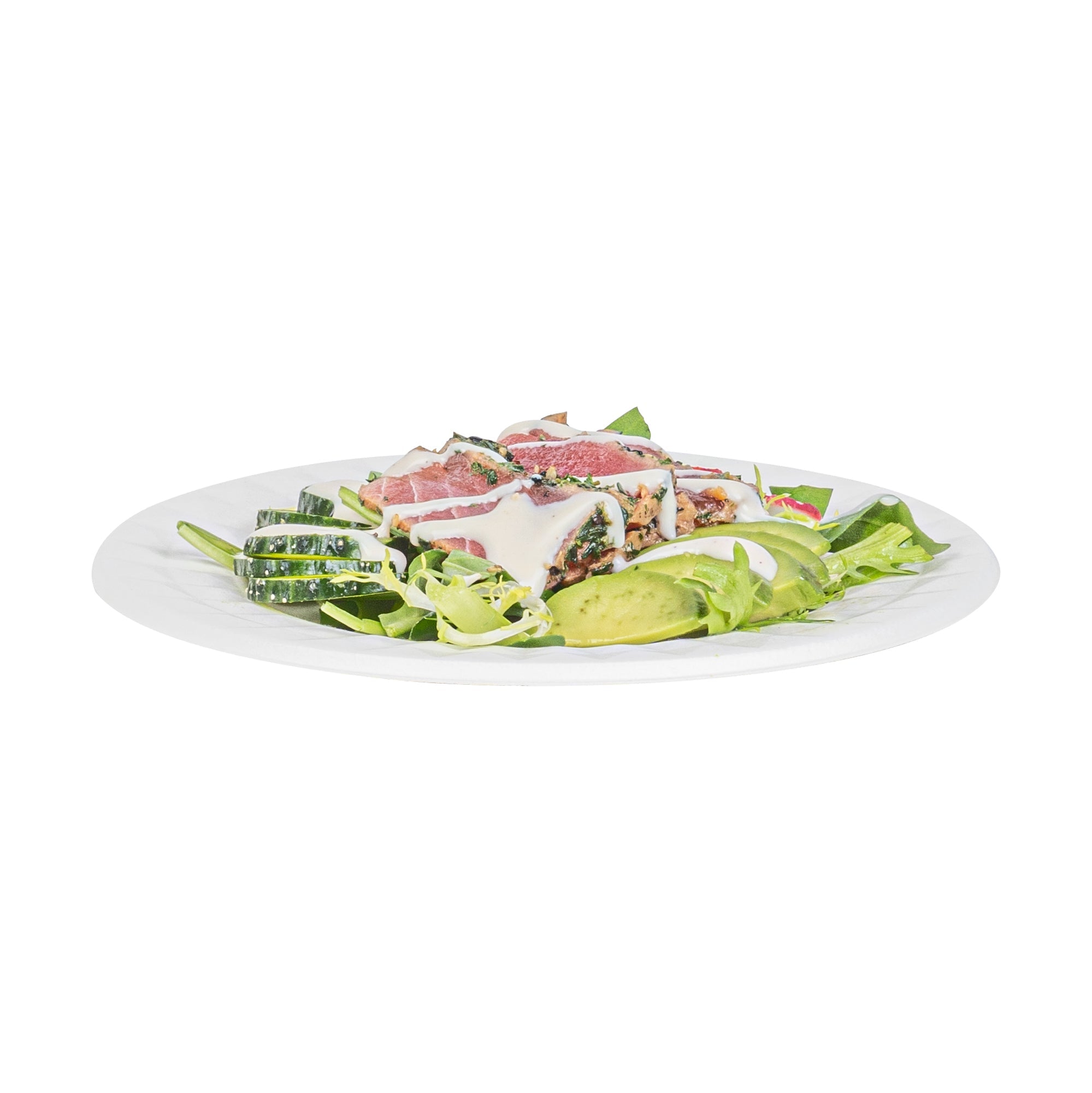 Pulp Safe No PFAS Added Round White Sugarcane / Bagasse Plate - Home Compostable, with Diamond Rim - 7" x 7" x 1/2" - 100 count box