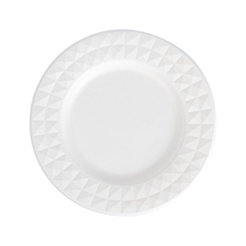 Pulp Safe No PFAS Added Round White Sugarcane / Bagasse Plate - Home Compostable, with Diamond Rim - 7" x 7" x 1/2" - 100 count box