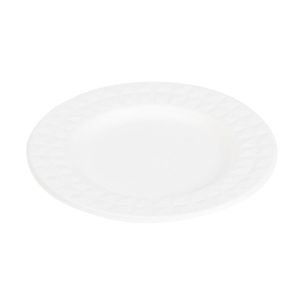 Pulp Safe No PFAS Added Round White Sugarcane / Bagasse Plate - Home Compostable, with Diamond Rim - 7" x 7" x 1/2" - 100 count box