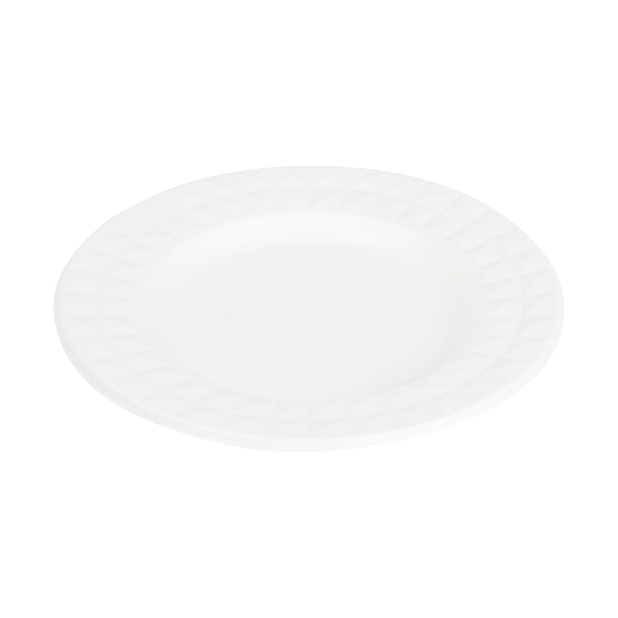 Pulp Safe No PFAS Added Round White Sugarcane / Bagasse Plate - Home Compostable, with Diamond Rim - 7" x 7" x 1/2" - 100 count box