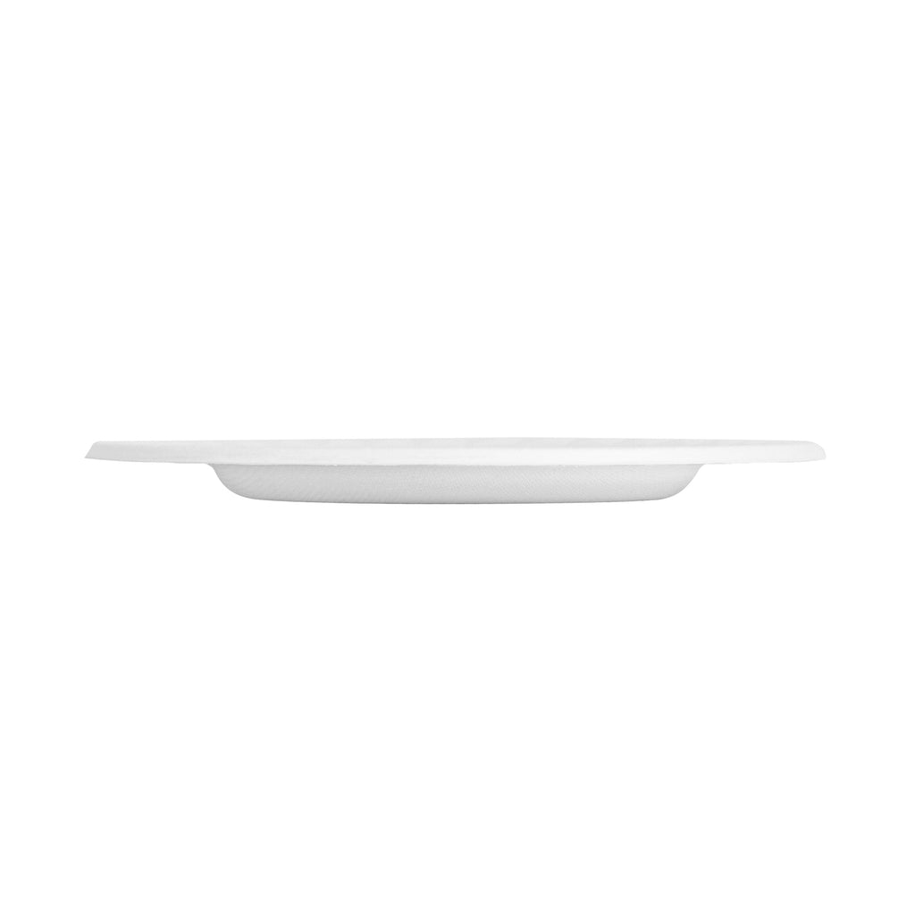 Pulp Safe No PFAS Added Round White Sugarcane / Bagasse Plate - Home Compostable, with Diamond Rim - 7" x 7" x 1/2" - 100 count box