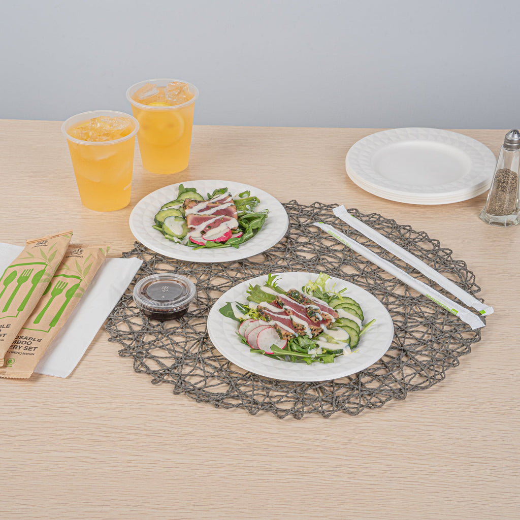 Pulp Safe No PFAS Added Round White Sugarcane / Bagasse Plate - Home Compostable, with Diamond Rim - 7" x 7" x 1/2" - 100 count box