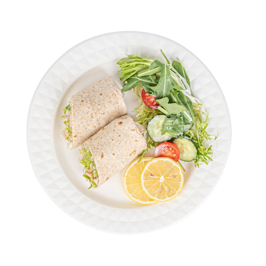 Pulp Safe No PFAS Added Round White Sugarcane / Bagasse Plate - Home Compostable, with Diamond Rim - 9" x 9" x 1/2" - 25 count box
