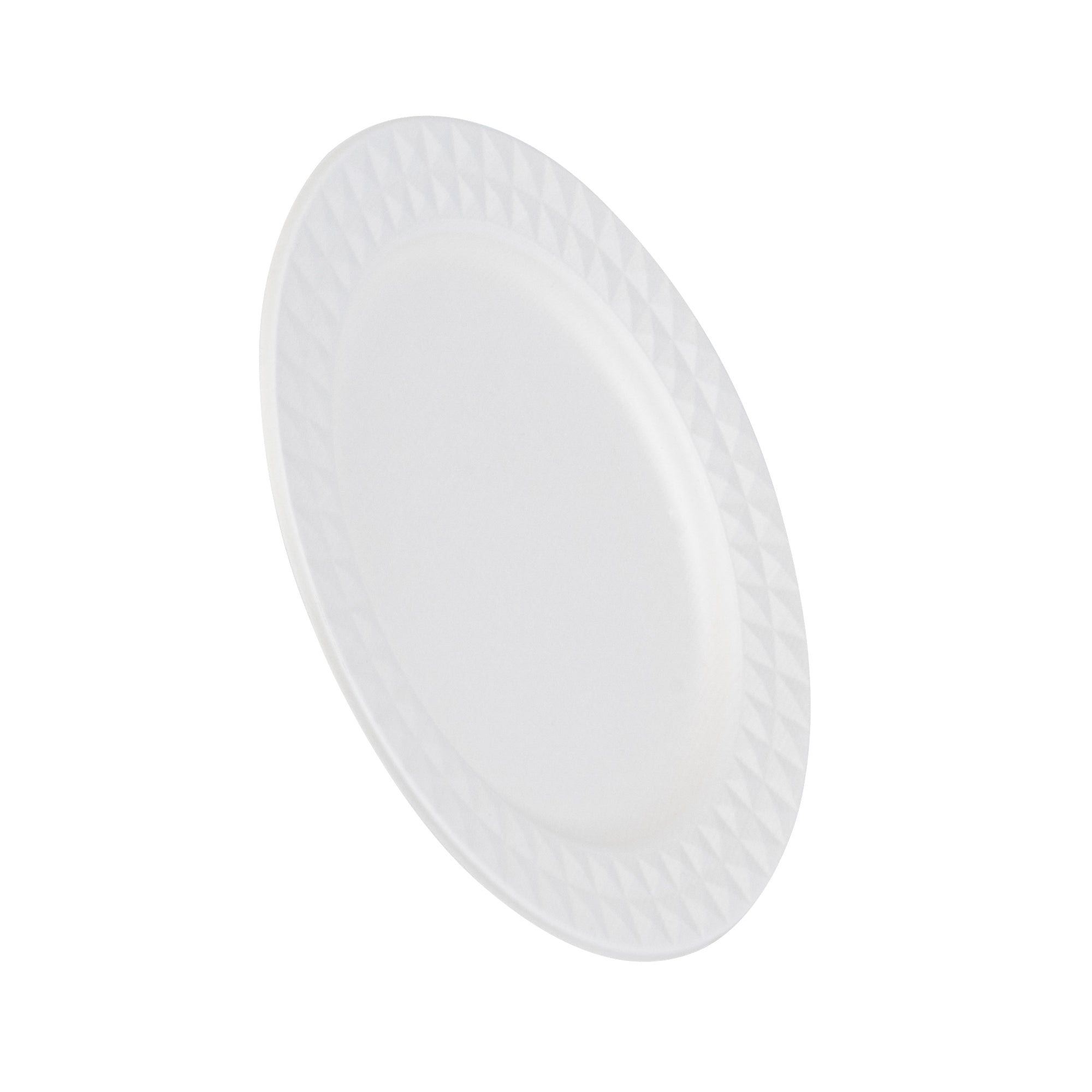 Pulp Safe No PFAS Added Round White Sugarcane / Bagasse Plate - Home Compostable, with Diamond Rim - 9" x 9" x 1/2" - 25 count box