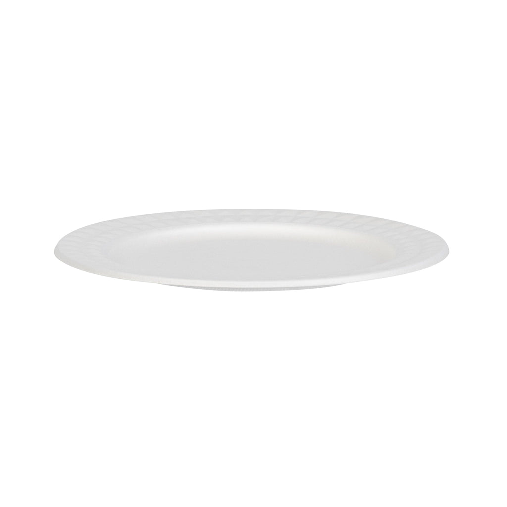 Pulp Safe No PFAS Added Round White Sugarcane / Bagasse Plate - Home Compostable, with Diamond Rim - 9" x 9" x 1/2" - 25 count box