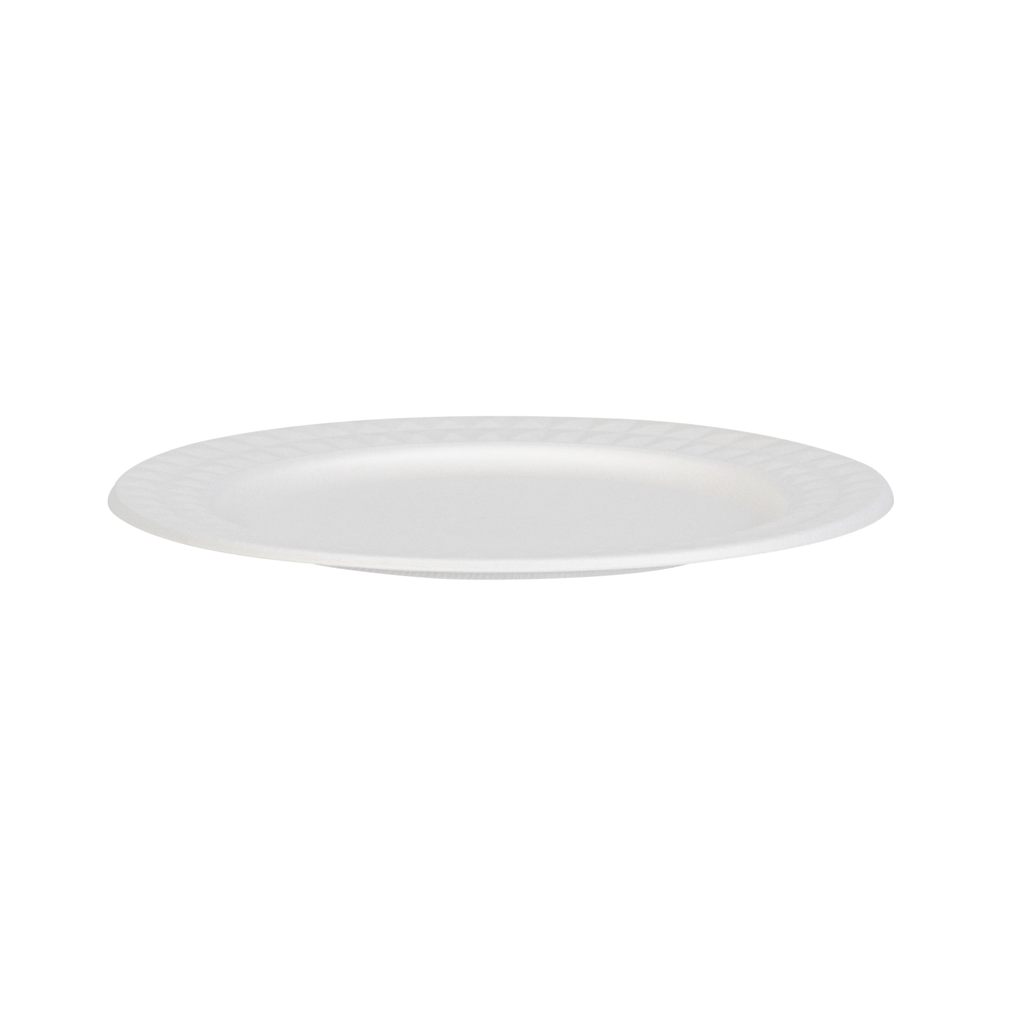 Pulp Safe No PFAS Added Round White Sugarcane / Bagasse Plate - Home Compostable, with Diamond Rim - 9" x 9" x 1/2" - 25 count box